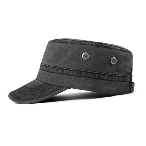 meioro Military Cadet Army Cap Vintage Washed Cotton Flat Top Hat - color: Black
