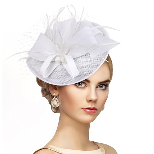 Zinniday Kentucky Fascinators Hats for Women - Vintage Tea Party Outfit Headband Church Derby Hat for Women (9.64x7.87inch) - color: White