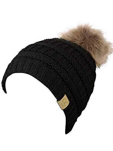 C.C Children's Kids' Soft Stretch Cable Knit Faux Fur Pom Beanie Hat - color: Black