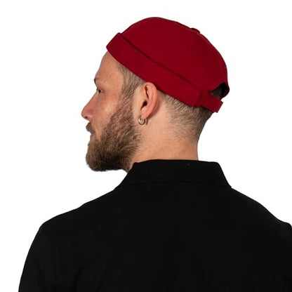 Cotton Docker Cap, Unisex Brimless Cap, Men Skull Cap, Brimless Beanie Hat, Men Women Cuffed Hat. - color: Burgundy