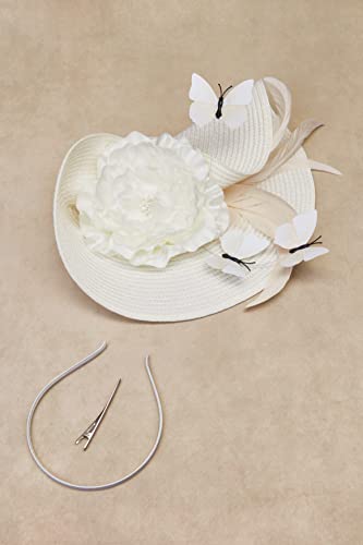BABEYOND Tea Party Fascinator Hat for Women Kentucky Headwear Derby Wide Brim Butterfly Church Hat for Cocktail Wedding - color: Beige