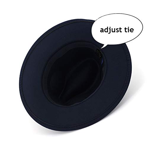 Lady Wide Brim Felt Fedora Panama Hat with Ring Belt - color: Navy, size: Medium