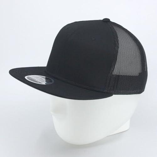 Plain Cotton Twill Flat Brim Mesh Adjustable Snapback Trucker Baseball Cap - color: Black B