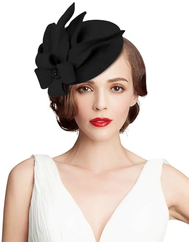 Wool Fascinator Pillbox Hat Winter British Wool Felt Hat for Women Wedding Church Hat Flower Fedoras - color: 2021 Black