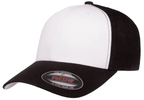 Flexfit 6511 Fitted Mid-Profile Stretchable Mesh Panels Trucker Cap - color: Black/White/Black, size: One Size