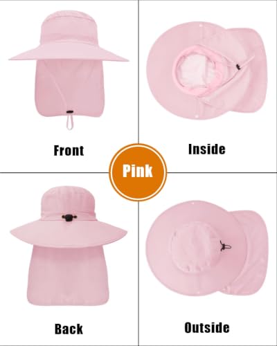 Outdoor Sun Hats with Stowable Neck Flap for Men Women UPF 50+ Mesh Summer Bucket Hat Wide Brim for Fishing Safari Hiking - color: Pink