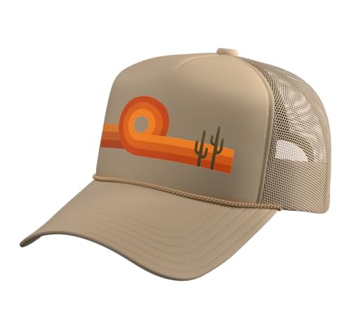 Retro Desert Sunset, Vintage Southwest Cactus Landscape Trucker Hat with Adjustable Mesh Back - color: Khaki