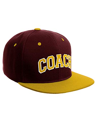 Original Team Coach Snapback Hat Classic Layered Arched Letters Flat Bill Cap - color: Burgundy Gold Hat White Gold Letters
