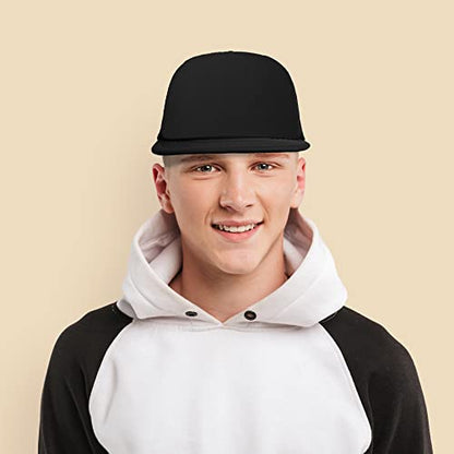 DALIX Flat Billed Trucker Hat Mesh Back S M L Adjustable Cap Solid Two Toned Snapback - color: Black, size: One Size