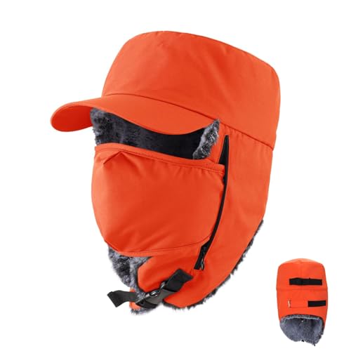 Trapper Hat Warm Faux Fur Winter Cap with Ear Flaps Windproof Waterproof Snow Ski Hats for Men Women Cold Weather - color: Orange