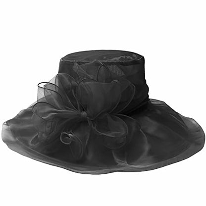 DRESHOW Women Organza Hat Church Cap Hats Clearance Kentucky Derby Cocktail Tea Party Wedding Flower Hat with Wide Brim - color: 01 Pack: Jet Black a