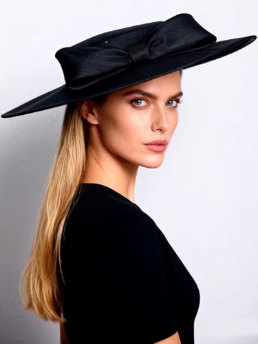 Black Wide Brim Hats for Women Big Bowknot Formal Church Occasion Kentucky Cap Lady Wedding Cocktail Tea Party Dress Flat Top Fascinators