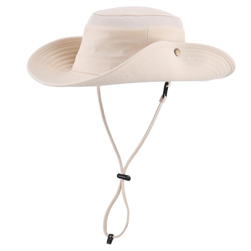 Home Prefer UPF 50+ Wide Brim Sun Hat Mesh Crown Foldable Cotton Bucket Cowboy Hat for Men Safari Golf Fishing Beach Garden - color: Beige, size: Large
