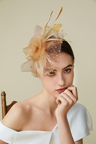 BABEYOND Fascinators Hats for Women Tea Party Flower Tulle Bead Derby Hat - color: Gold