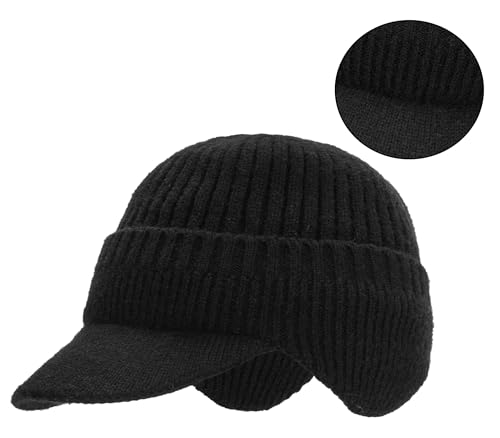 Men Earflap Beanie Knitted Lined Skullies Baseball Cap Windproof Neck Warmer - color: Black