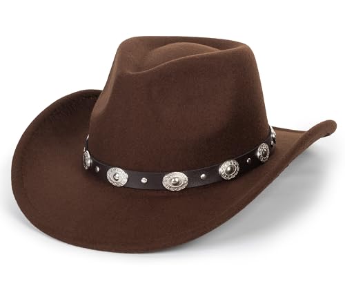 Women-Men Felt-Western-Cowboy Hat-Classic Brim Belt Buckle Cowgirl Fedora M - color: Coffee