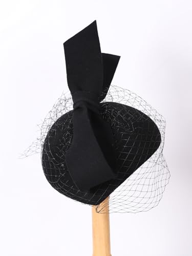 HIMESPORT Women Ladies Wool Felt Derby Fascinator Hats Wedding Bridal Tea Party Formal Femme Pillbox Hat with Veils Bow - color: Black
