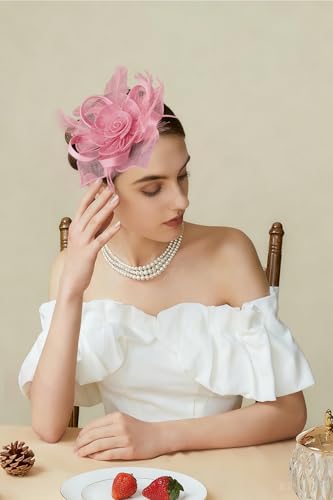 BABEYOND Fascinator Hats for Women Linen Flower Feather Tea Party Derby Hat - color: Pink