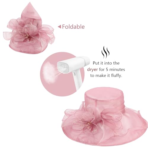 AQOKKA Women Organza Church Fascinators Kentucky Derby Hats for Women and Girls Wedding Flower Tea Party Hat with Wide Brim - color: Pink