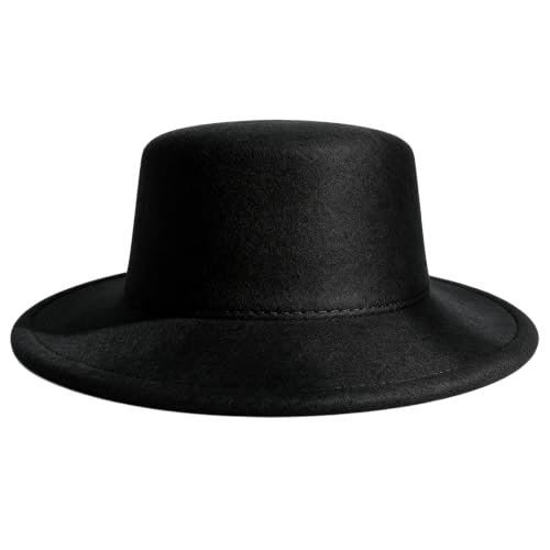 Black Flat Top Fedora Hat, Wool Blend Derby Cap Classic Formal Hat for Events & Daily Wear - color: Black
