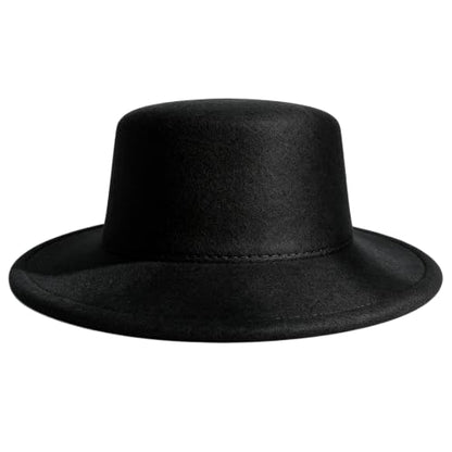Black Flat Top Fedora Hat, Wool Blend Derby Cap Classic Formal Hat for Events & Daily Wear - color: Black