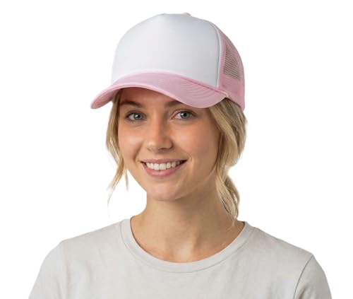 NYFASHION101 Plain Mesh Trucker Hat - Breathable 6-Panel Daily Snapback Cap, Customizable Ideal for DIY Embroidery & Patches - color: Lt Pink/White