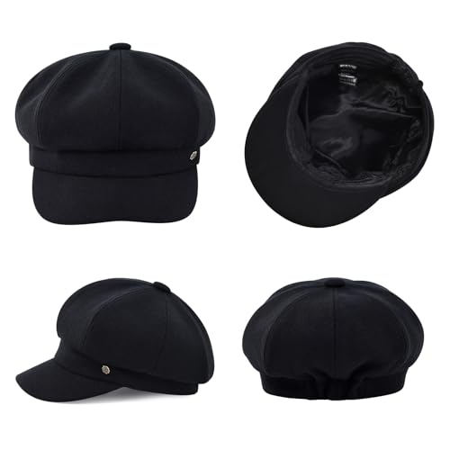 VOBOOM 8 Panel Wool Tweed Newsboy Gatsby Ivy Cap Golf Cabbie Driving Hat - color: Pain Black