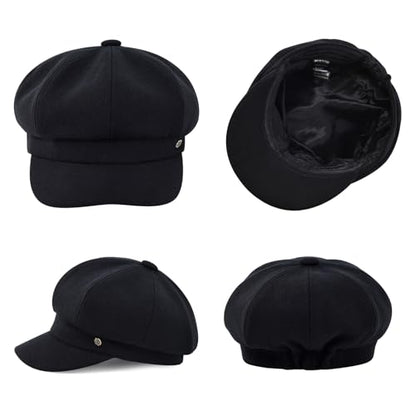 VOBOOM 8 Panel Wool Tweed Newsboy Gatsby Ivy Cap Golf Cabbie Driving Hat - color: Pain Black