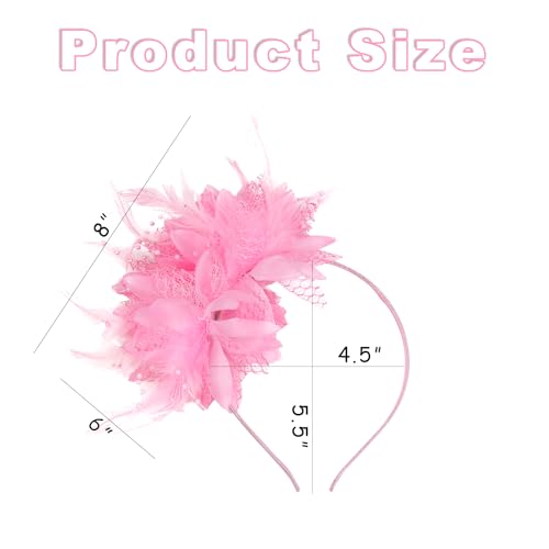 Elegant Fascinator Hat with Feather Pearl & Veil Tea Party Headband for Weddings Cocktail Parties & Dressy Outfits（Pink）