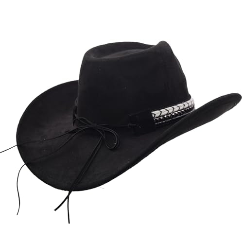 Women Men Western Cowboy Cowgirl Hat with Buckle Belt Wide Brim Outdoor Fedora Hats - color: Black