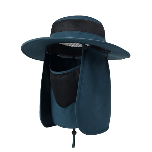 Outdoor Sun Hat UPF 50 Protection Waterproof Fishing hat Face Cover Summer Neck Flap Hat Marine Blue