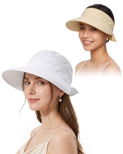 CHUNG 2 Pack Women Sun Visor Hat Wide Brim Summer UV Protection Zip-Off - color: White/Beige