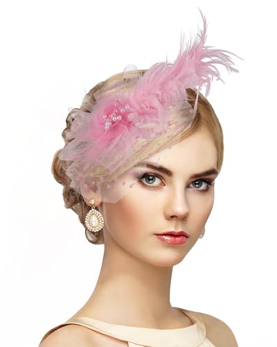Zinniday Victoria Fascinators Hats for Women - 2026 Kentucky Feather Mesh Derby Hat 1920s Tea Party Headwear for Church - color: Pink