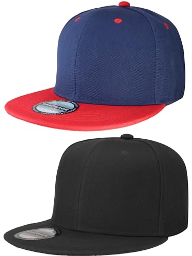 Falari Classic Snapback Hat, 2-Pack, Flat Bill, Adjustable Size, Hip Hop Style - color: Black & Navy/Red