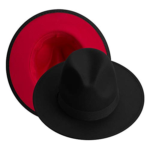 KUJUHA Fedora Hats for Mens/Womens Felt FedoraHats Two Tone Wide Brim Fedora Hats Rancher Hat - color: Black & Red, size: Small-Medium