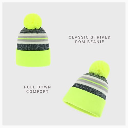 Pom Pom Beanie Cuffed Knit Winter Hat Skull Cap Striped Novelty Men Women - color: (Neon Yellow)