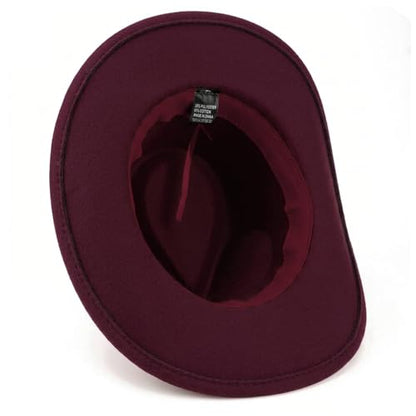 DRESHOW Women Men Classic Felt Wide Brim Western Cowboy & Cowgirl Cap Belt Buckle Retro Panama Hat Unisex Rolled up Caps - color: 1 Pack Style 1: Burgundy (Hat Circumference: 22-22.8")