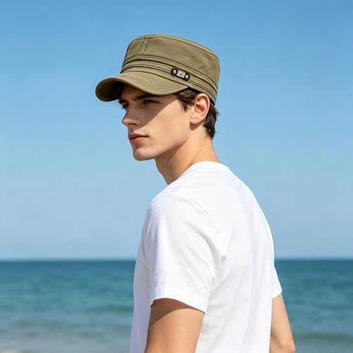 Washed Cotton Flat Top Cadet Cap, Unisex Adjustable Military Baseball Hat, Classic Lightweight Headwear for Daily Outdoor - color: Navy Blue
