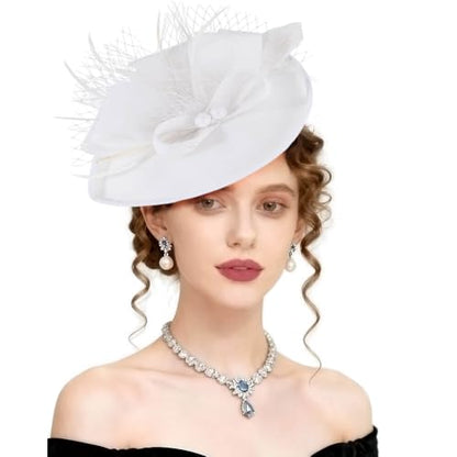 AQOKKA Women Fascinators Hats Flower Mesh Feathers Headband Clip - color: 1 Pc Feather Fascinators : White