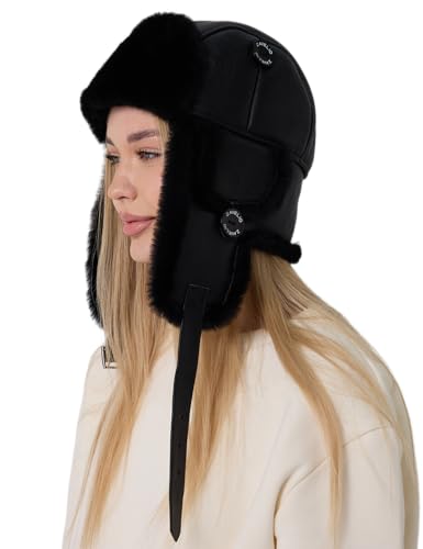 Winter Trapper Fur Hat for Women Men - Trooper Aviator Genuine Leather Shearling Sheepskin Ushanka Hat - color: Solid Black, size: Small