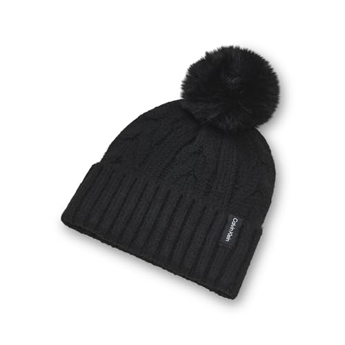 Calvin Klein Women's Cable Knit Beanie with Faux Fur Pom - color: Black