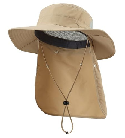 Home Prefer UPF 50+ Wide Brim Sun Hats with Neck Flap Sun Protection Hat for Men Women Gardening Fishing Summer Bucket Hat - color: Khaki