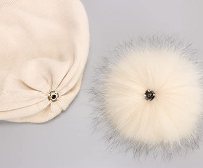 Women's Double Layer Winter Slouchy Knit Beanie Hat with Real Fur Pom Pom - color: Beige Pom