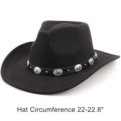 DRESHOW Women Men Classic Felt Wide Brim Western Cowboy & Cowgirl Cap Belt Buckle Retro Panama Hat Unisex Rolled up Caps - color: 1 Pack Style 1: Black a (Hat Circumference: 22-22.8")