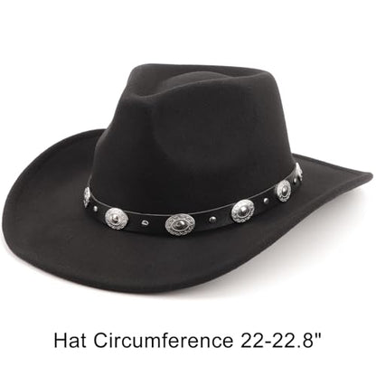 DRESHOW Women Men Classic Felt Wide Brim Western Cowboy & Cowgirl Cap Belt Buckle Retro Panama Hat Unisex Rolled up Caps - color: 1 Pack Style 1: Black a (Hat Circumference: 22-22.8")