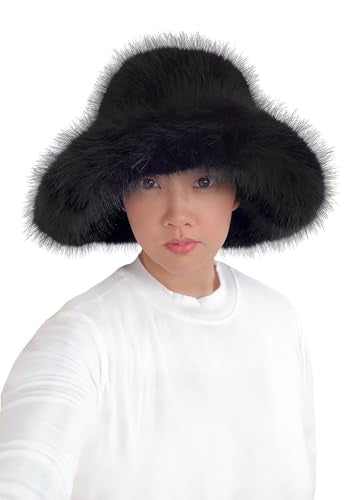 Lina & Lily Oversized Winter Faux Fur Bucket Hat for Women - Long Pile Fur Wide Moldable Brim - color: Black