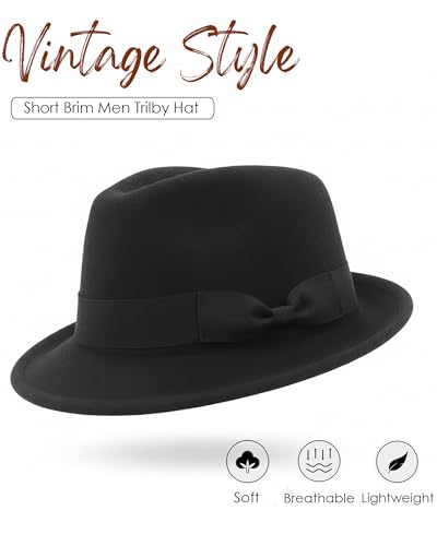 Fedora Hats for Men Women 1920s Short Brim Felt Trilby Hat - color: Black