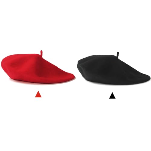 2 Pieces Beret Hat Women French Wool Beret Solid Color Beret Cap - color: Black+red