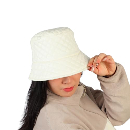 MILAKOO Warmly Quilted Bucket Hat for Women Men Rhombus-Grid Fisherman Cap Retro Plaid Puffer Hearwear - color: White