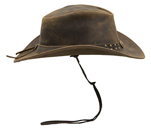 Walker and Hawkes Unisex Leather Cowhide Outback Two-Tone Brisbane Hat - Stylish Sun Protection, Breathable, Travel-Ready - color: Light Brown, size: Large